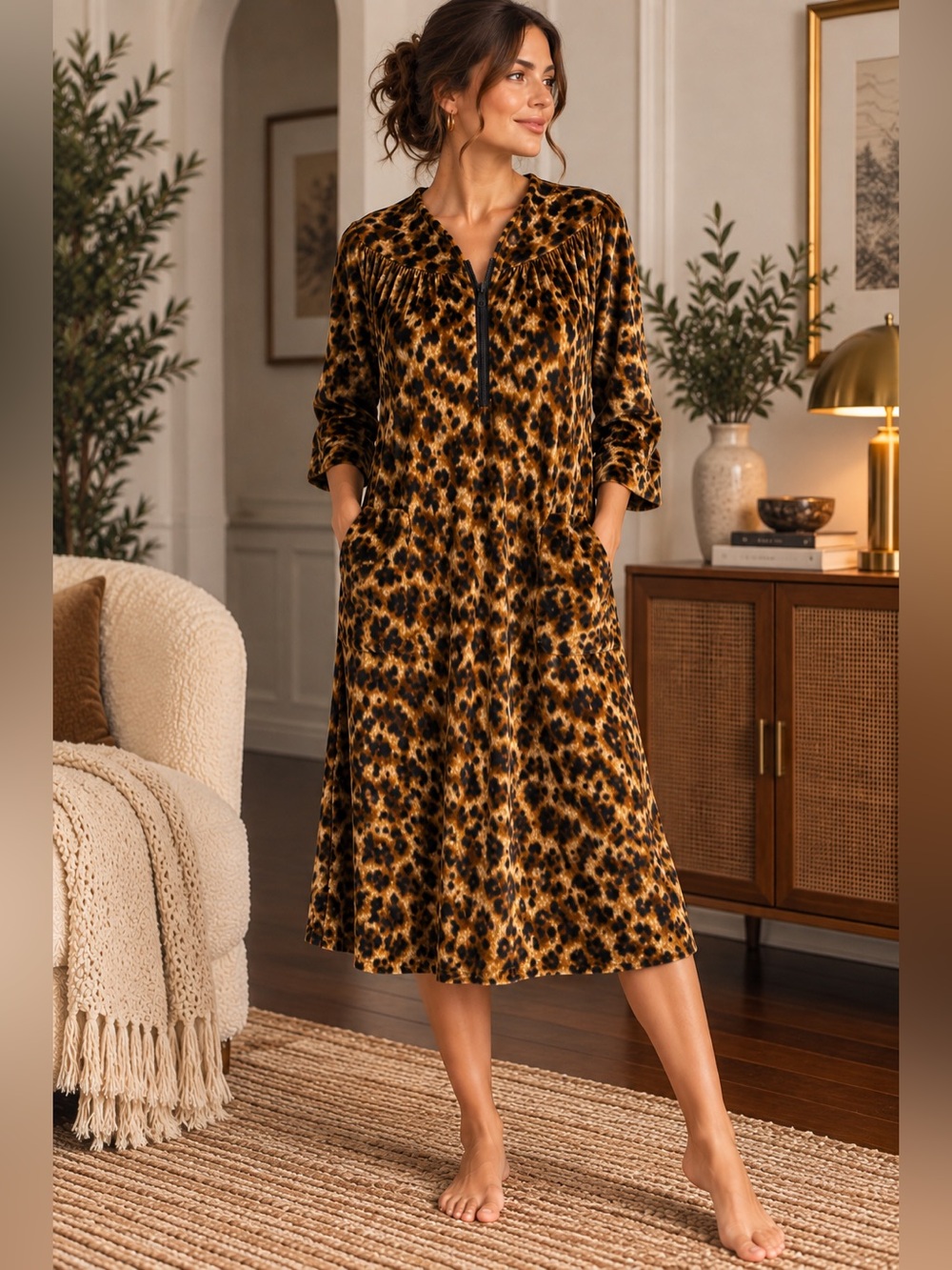 Vintage Granada Leopard Velour Housecoat Robe 1/2 Zip Lounger Dress L
